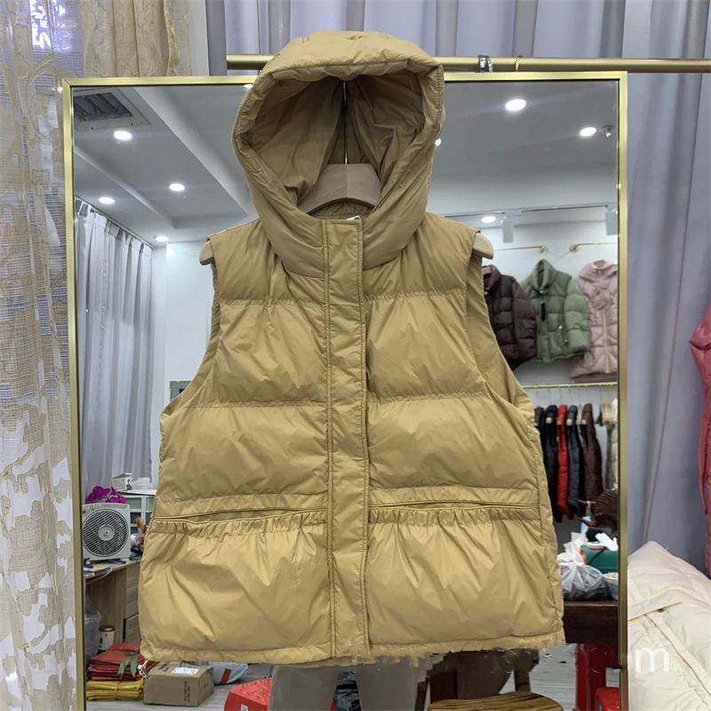 New Winter Autumn Women's Stand Collar Solid Color Sleeveless Causal Warm Vest Hodded Collar Loose Chic White Duck Down Coat