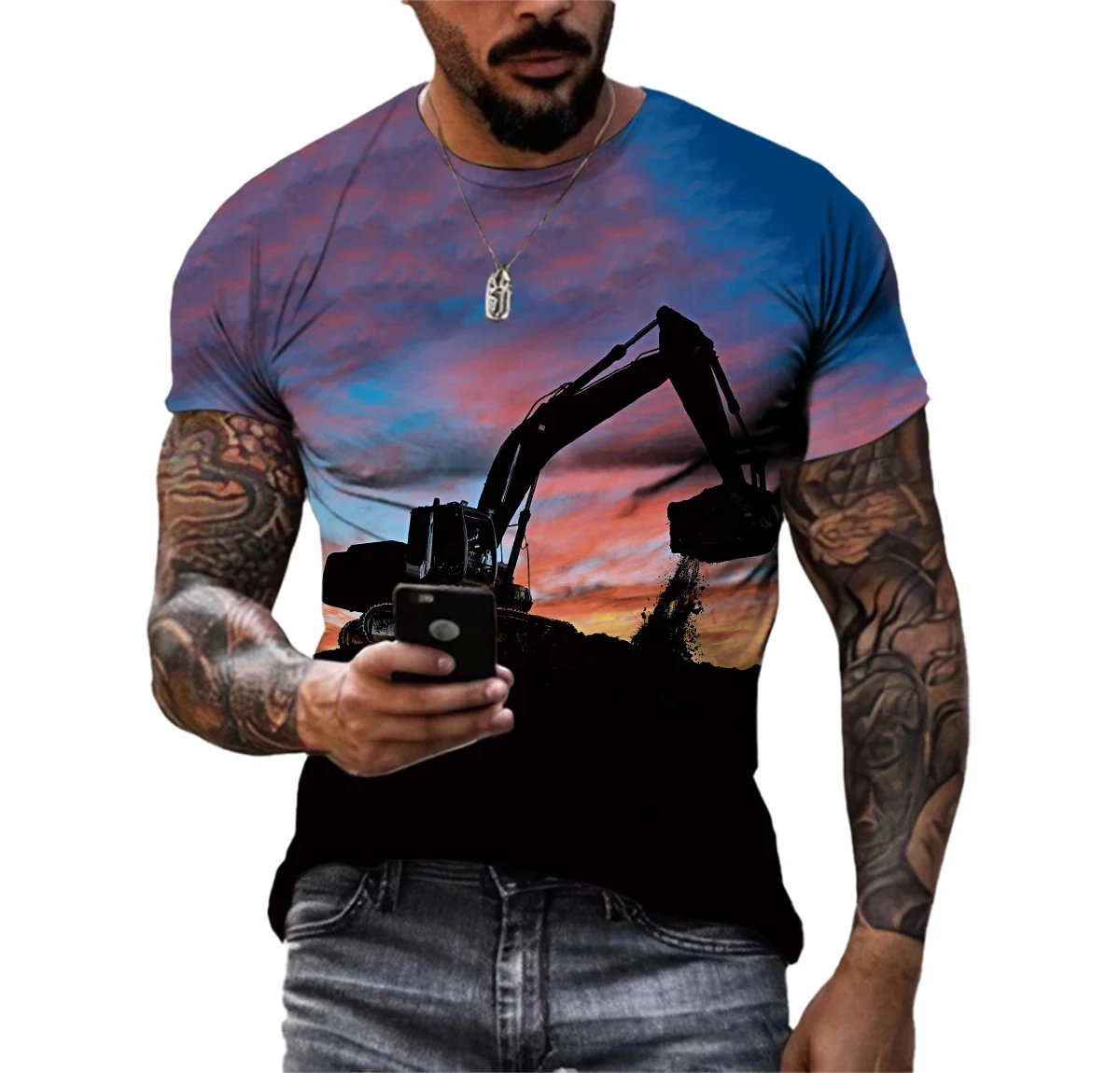 

Fashionable New Excavator Pattern Men's Printed T-shirt Personalized Casual O-neck Comfortable Large Short Sleeves