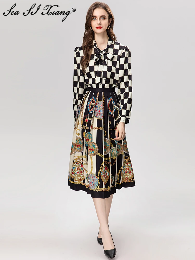 

Женский дизайнерский костюм из двух предметов Seasixiang, однобортный Топ на шнуровке с воротником и длинным рукавом и юбка с винтажным принтом на осень