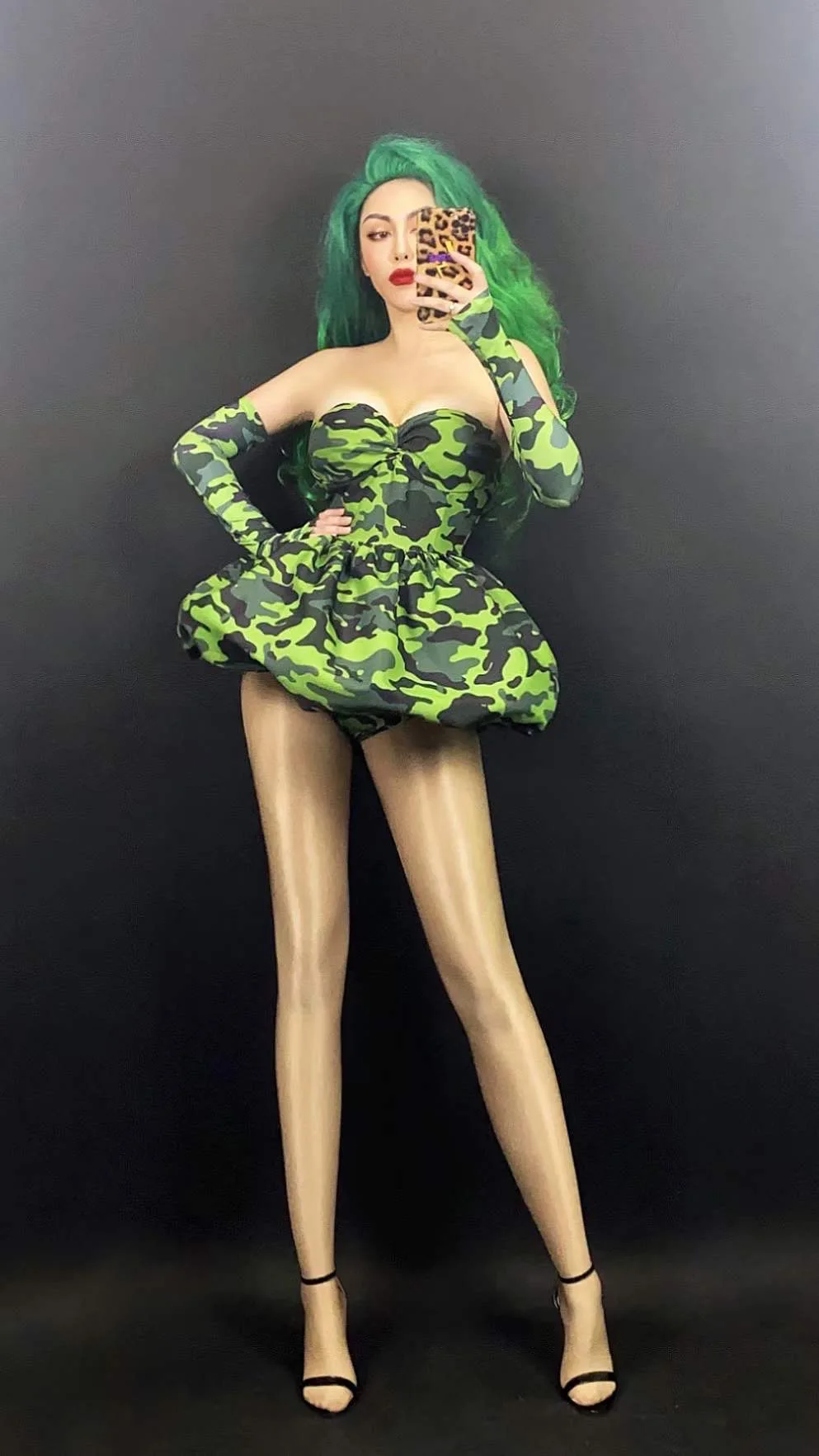

Комплект из трех предметов, армированное зеленое платье, камуфляжный топ-пуф, платье, женский наряд для вечеринки, костюм для косплея, одежда для ночного клуба, диджея, подиума