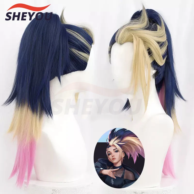 

Akali LOL KDA The Baddest Ponytail Mixed Color Long Role Play Heat Resistant Synthetic Hair Halloween Party Cosplay + Wig Cap
