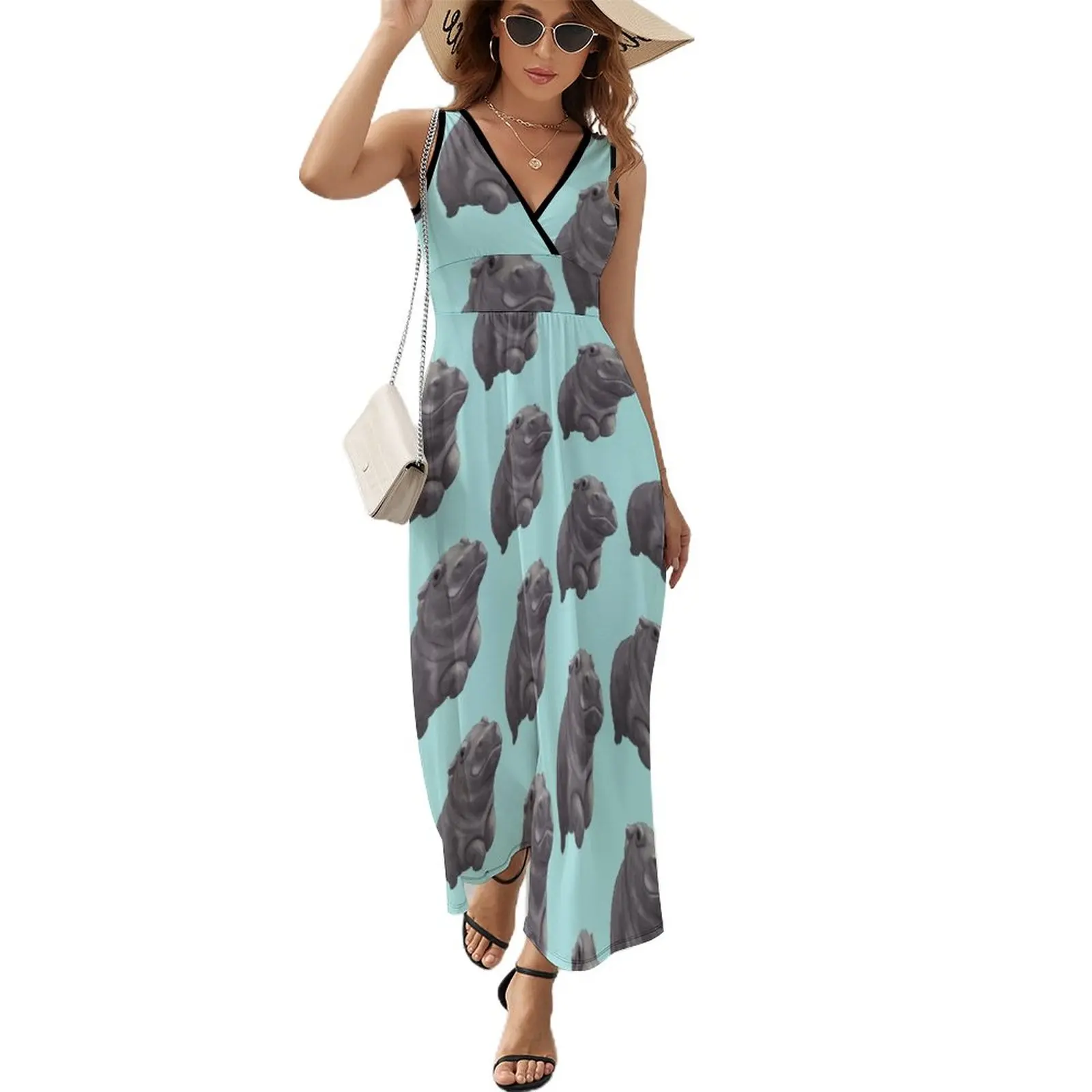 

Cute Painted Baby Hippo Swimming - Digital Painting Sleeveless Dress beach dress dresses for women summer dress daily
