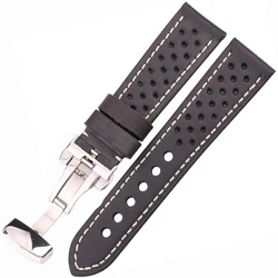 Premium Genuine Leather Unisex Watch Strap with Deployment Clasp - Available in Multiple Sizes & Colors for 22mm (Black)