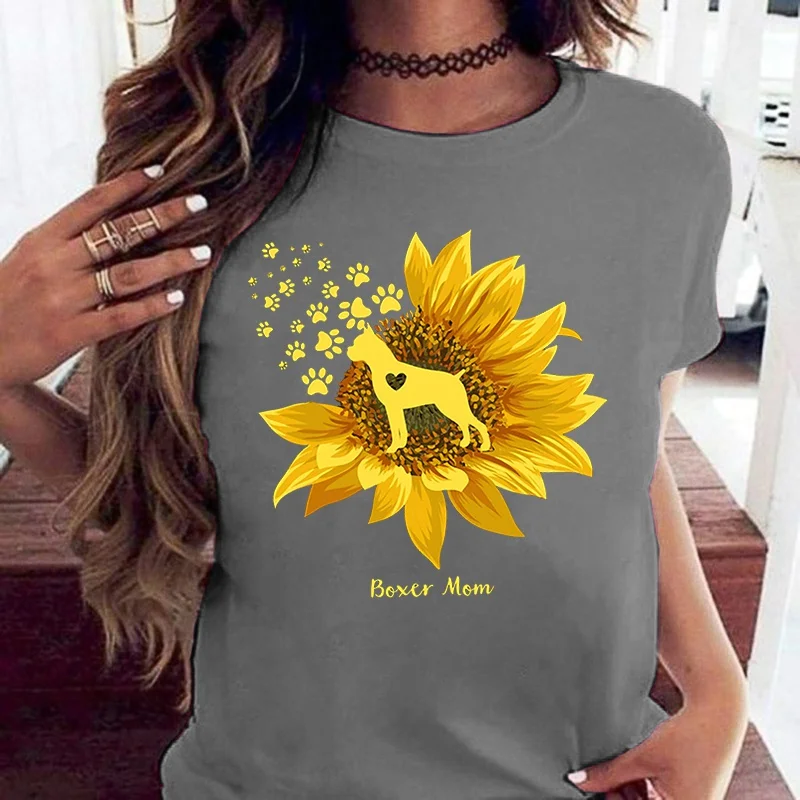 

Women Sunmmer T-Shirts Top Tees Boxer Mom Sunflower Dog Paw Lover Print Short Sleeve Casual Lady T-Shirt For Women