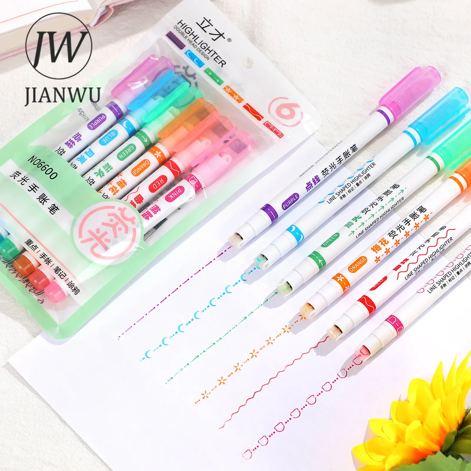 JIANWU 6 Pcs/set Curve Pen Creative Cute Morandi Color Highlighter Hand
