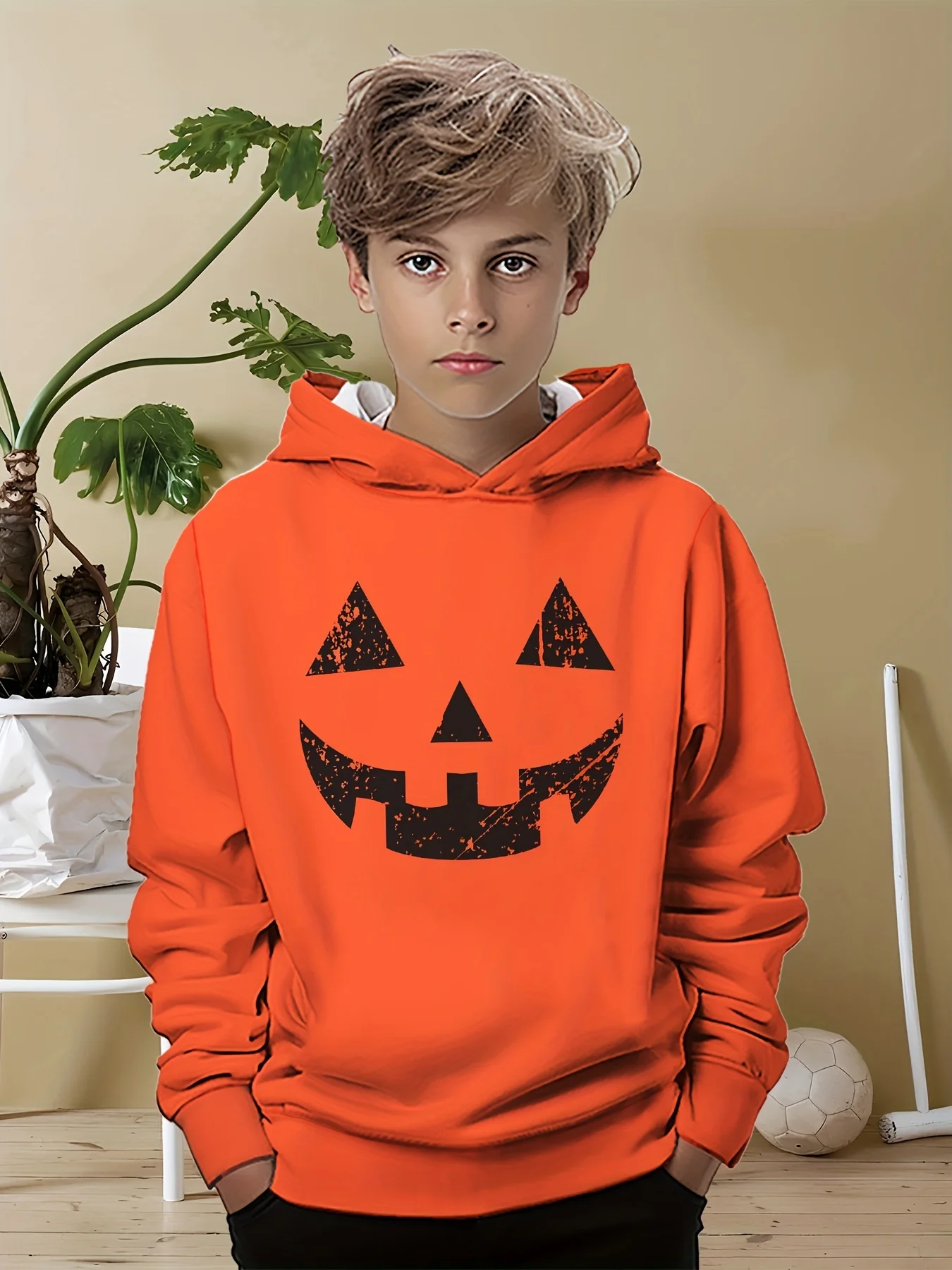 Smiling bpy wearing a colorful 3D hoodie with long sleeves, standing outdoors with playful energy orange