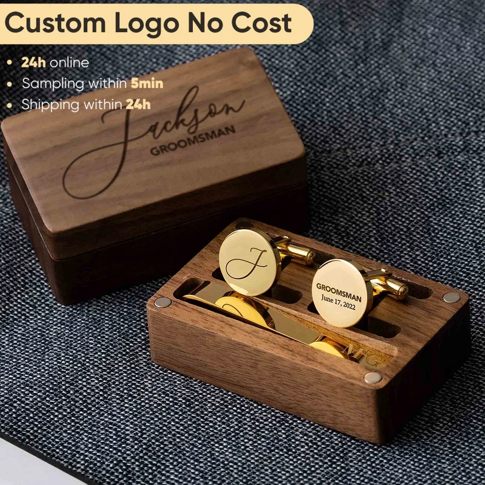 Set Regalo Personalizzato Con Gemelli E Fermacravatta In Metallo, Scatola In Legno Incisa - Per Papà, Testimone Di Nozze, Uomo - 3