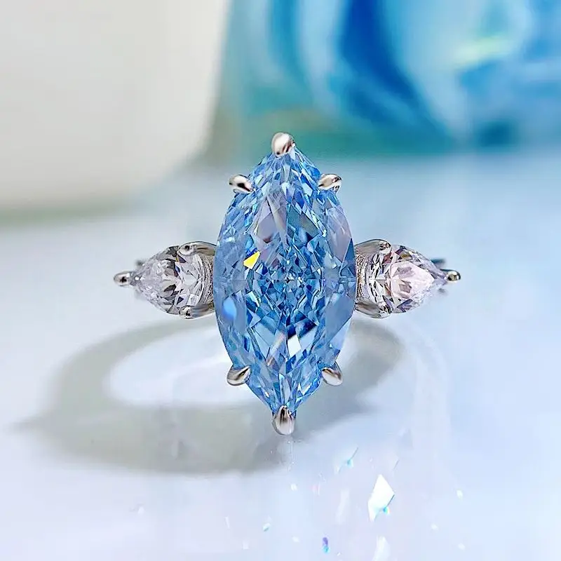 

2024 S925 Sterling Silver 8*16mm Aquamarine Stone Wedding Engagement Rings For Women High Carbon Diamond Fine Jewelry Gift