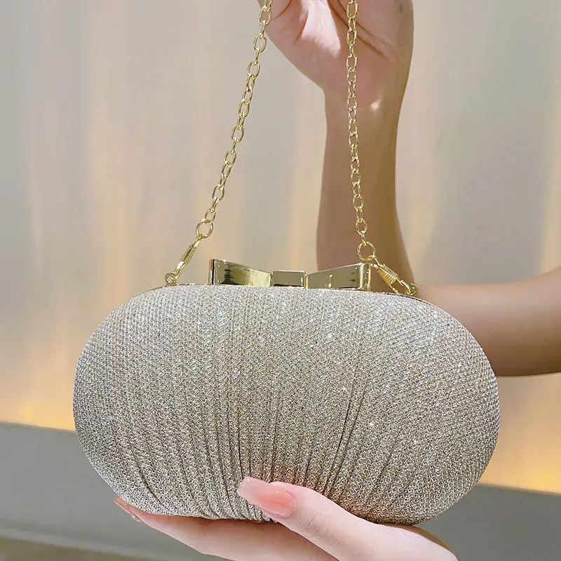 Women Clutch Bags Ruched Evening Golden Metal Chain Handbags
