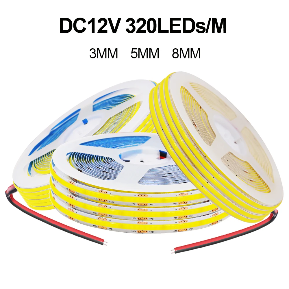 3MM 5MM 8MM COB Strip 5V 12V FOB LED Light Bar 320Leds/M 3000K 4000K 6000K High Density Flexible Ribbon Rope Tape Cabinet Light 3