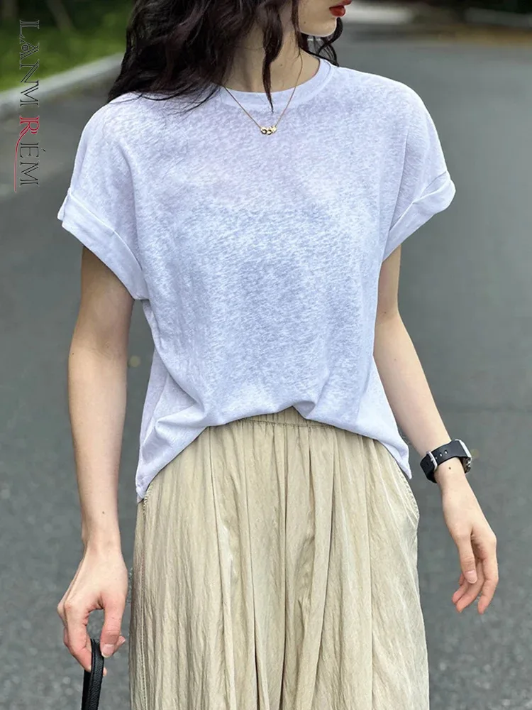 

[LANMREM] Minimalism Sunscreen Short Sleeve T-shirt For Women Round Neck Casual Loose Tops Fashion 2024 Summer New 26D9239