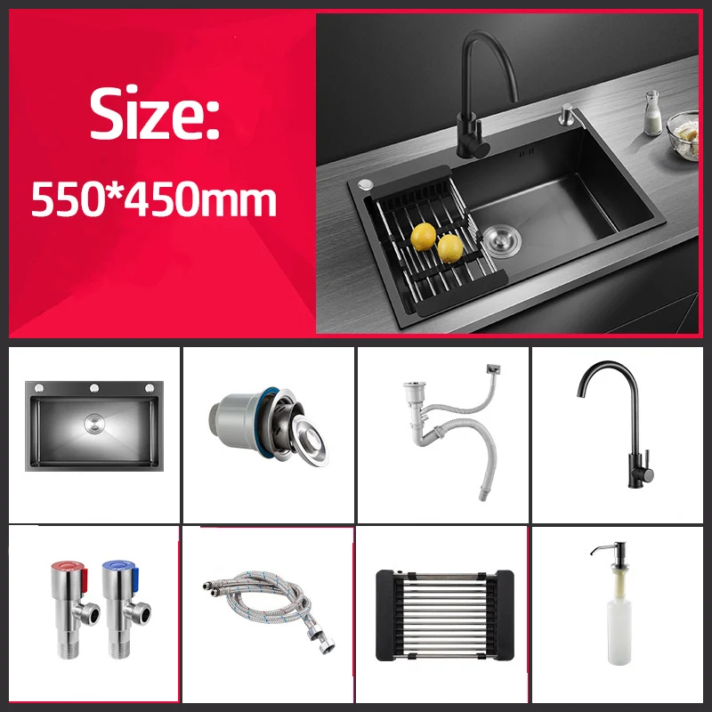 Black Nano Wash Basin Single Sink creative Stainless Steel Kitchen Sinks Drain Set Home Handmade Wash Basin Kitchen Accessories 3