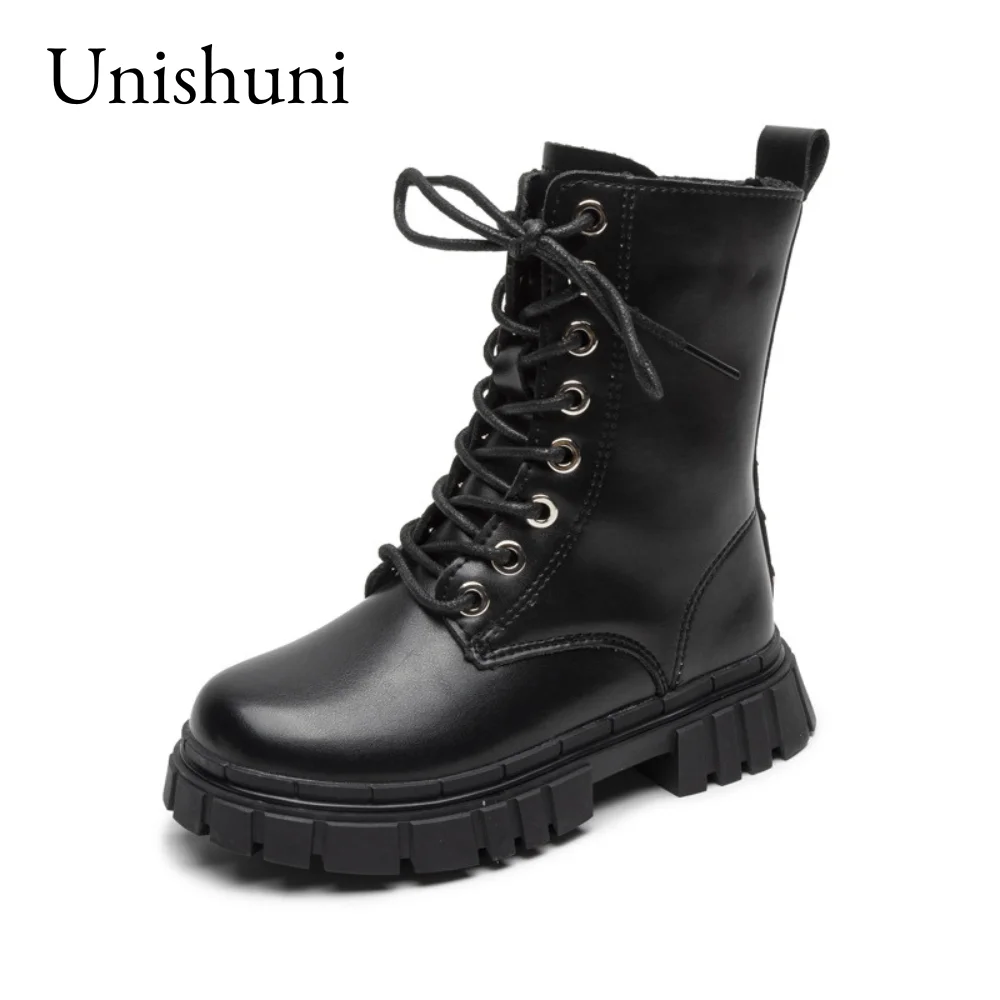 Unishuni Spring Autumn Boots for Girls Boys Children Classic Lace-Up Riding Boot Kids Mesh Lined Bootie with Inside Zipper 26-36