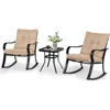 3-Piece Outdoor Rocking Chairs Bistro Set, Black Iron Patio Furniture with Brown Thickened Cushion & Glass-Top Coffee Table 2