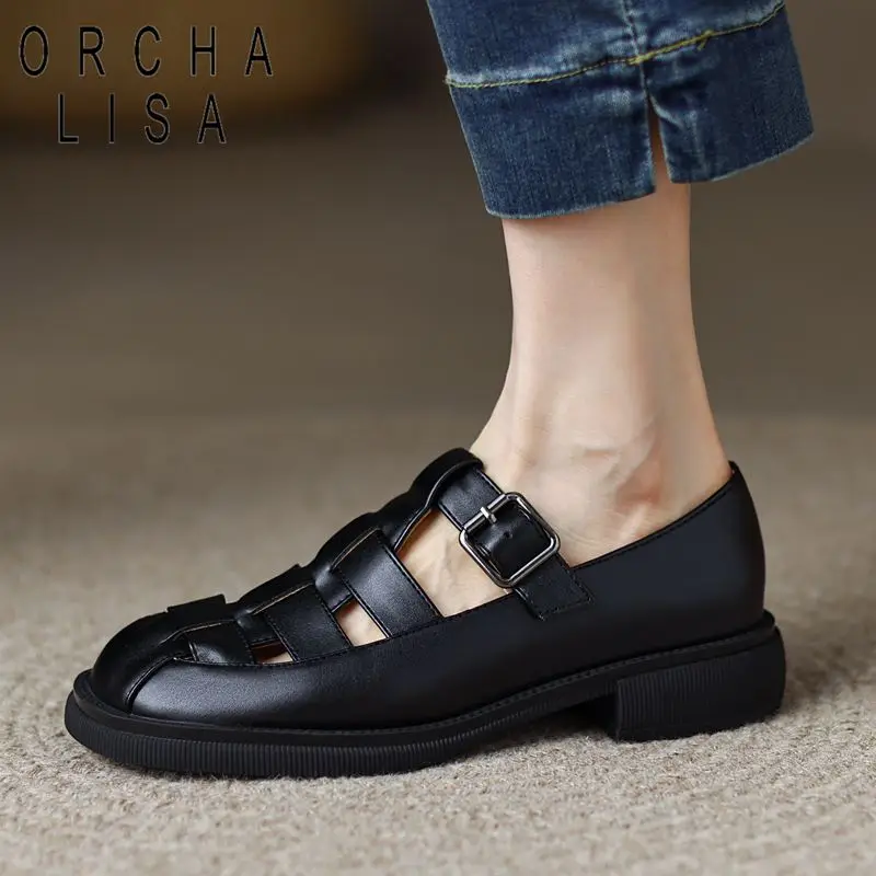 

ORCHALISA Brand 2024 New Summer Female Flats 32 33 Square Toe Buckle Strap Hollow Big Size 42 43 Soft Causal Daily Women Shoes