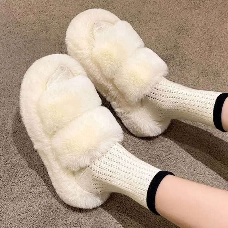 Winter Fluffy Slippers Women 2024 New House Home Fur Slippers For Women Flat Platform Cozy Fuzzy Indoor Shoes Korean Slides — view 5