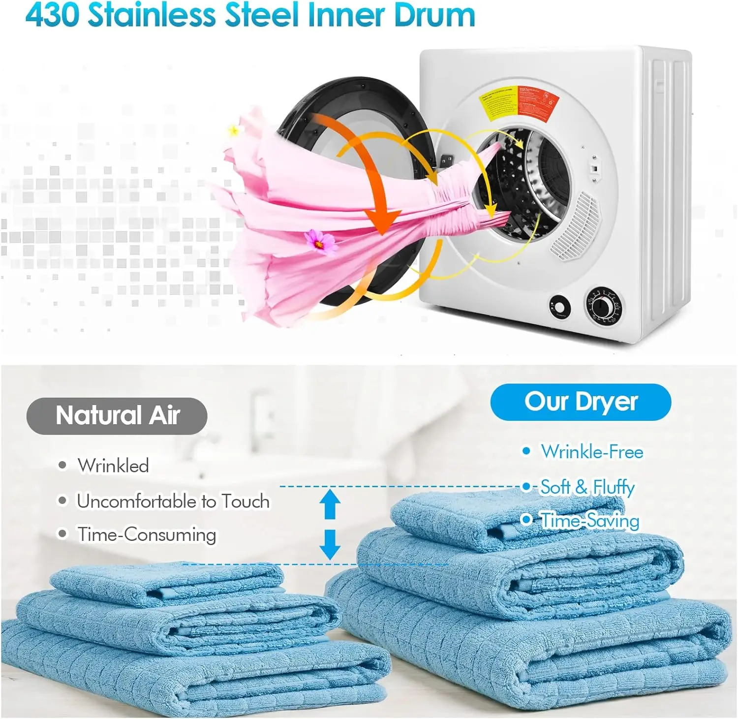 Laundry Dryer, Electric Portable Clothes Dryers With Stainless Steel Drum & Exhaust Pipe, 13.2 lbs Capacity, 5 Drying Modes for 3