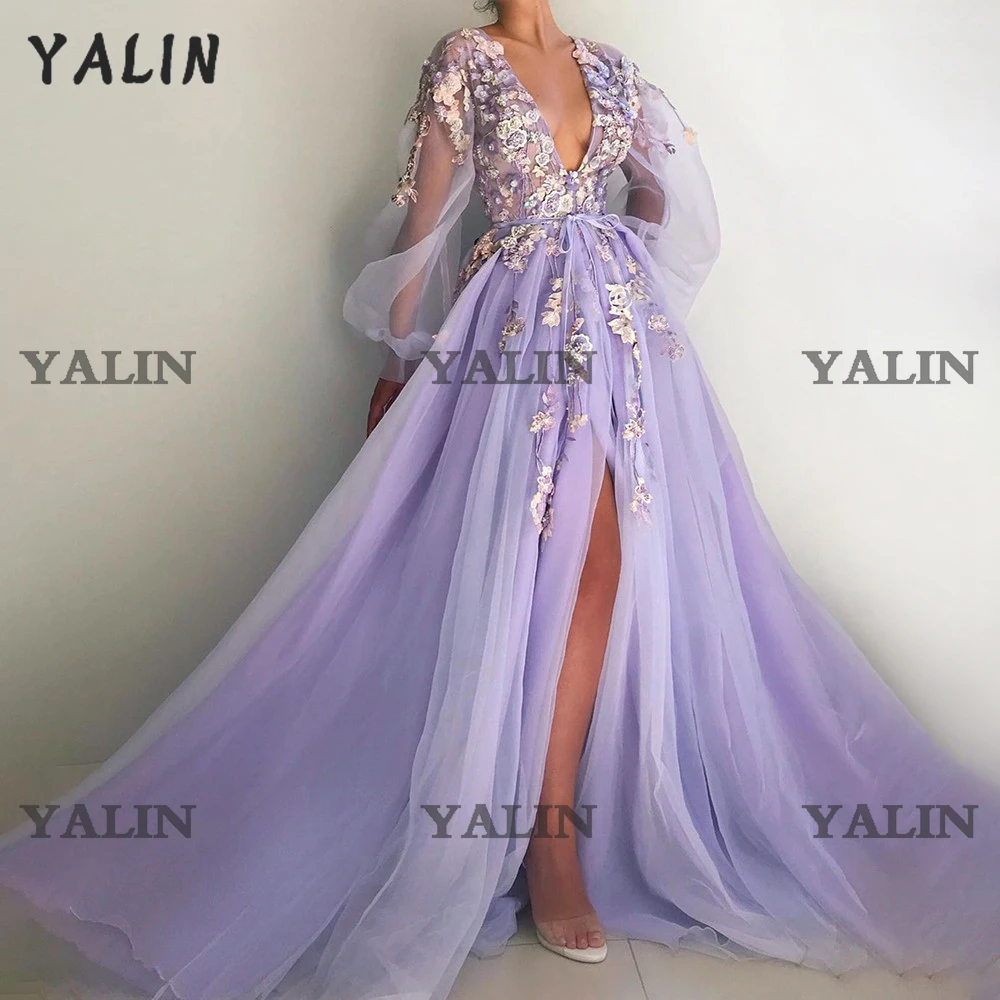 

YALIN Elegant Illusion Long Sleeves Homecoming Dresses Floor Length V-Neck Side Slit Party Dress Appliques Evening Gowns