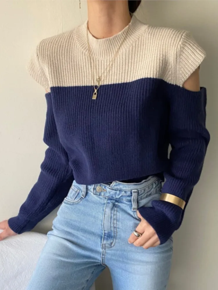 

Korean Fashion Off Shoulder Sweater 2023 Women Vintage Long Sleeve Casual Color Matching Top Autumn Mock Neck Knitted Outfits