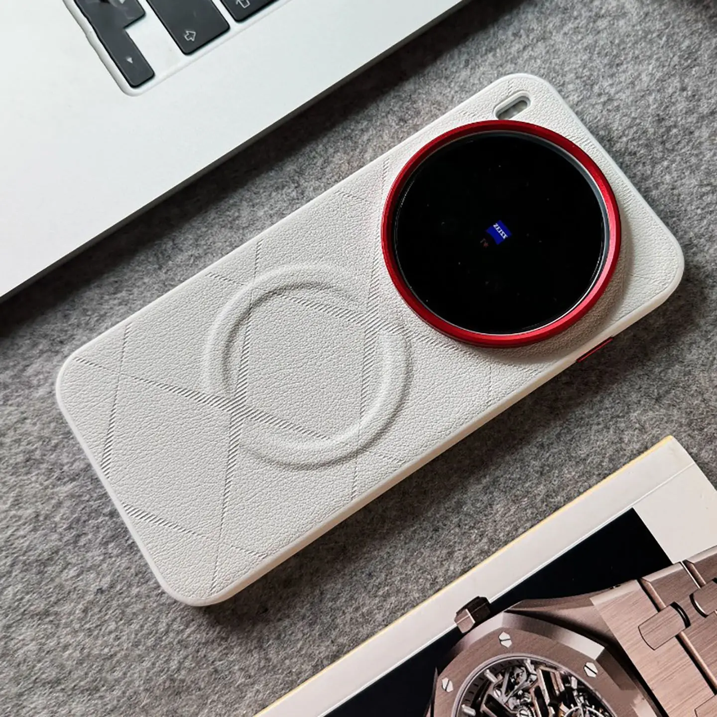 Luxury Diamond Pattern Leather Cover with Magnetic Red Lens Ring and Metal Buttons - Shockproof Case in Elegant Red