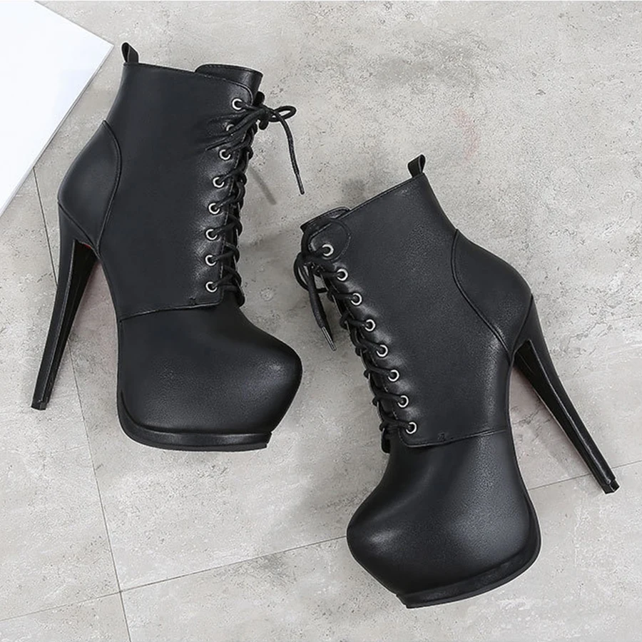 Sexy Super High Heels 15CM Party Boots Women Black Soft Leather Fashion Platform Ankle Boots New Pointy Toe Female Lace Up Shoes