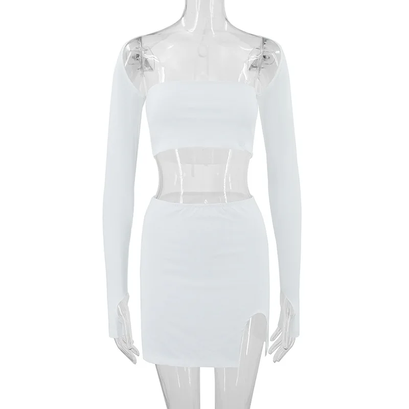 SKMY 2023 Autumn And Winter New In Matching Sets Wrapped Chest Long Sleeve Lace-Up Crop Top Split Mini Skirts 2 Piece Sets Women
