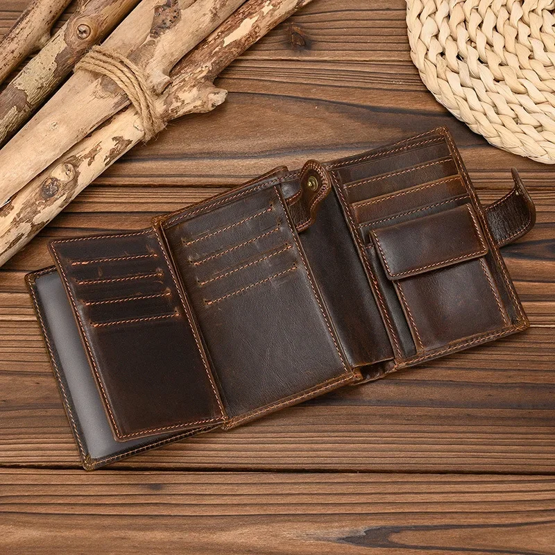 Genuine Leather Short Wallet for Men and Women, Multiple Card Slots, Money Clip with Coin Pocket