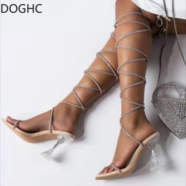 Diamond Wrapped Strappy Heel Sandals Lace Up Crystal Pointed Toe Stiletto  High Heel Fashion Dress Women Shoes - AliExpress