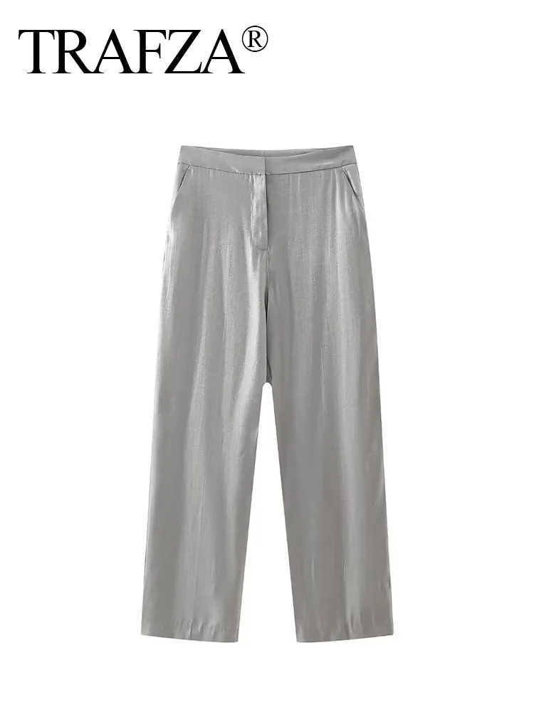 TRAFZA Spring Long Pants Woman Trendy Silver High Waist Pockets Buttons Zipper Trousers Female New Fashion Wide Leg Pants women s solid pockets spring autumn high waisted buttons elastic ankle tied lanterns harlan casual workwear trousers pants