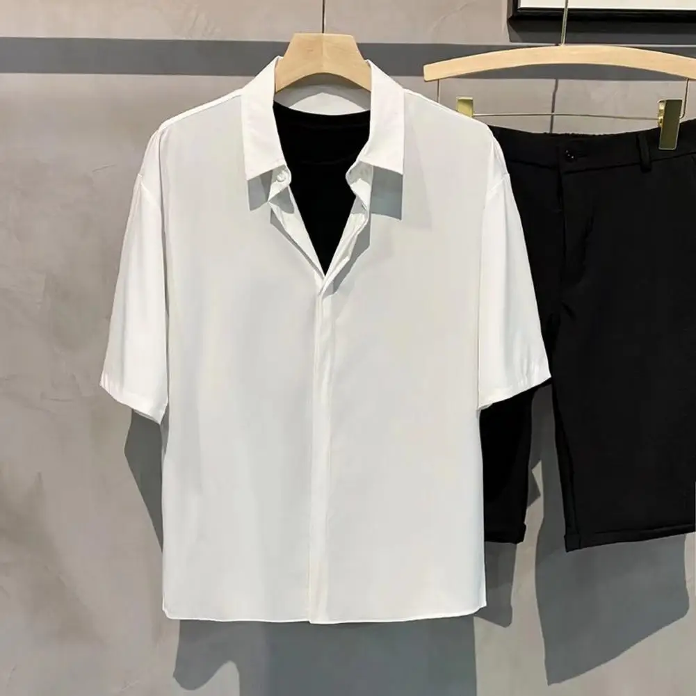 

Men Shirt Men Formal Shirt Stylish Men's Ice Silk Shirt with Hidden Buttons Turn-down Collar for or Business Wear Short Sleeves