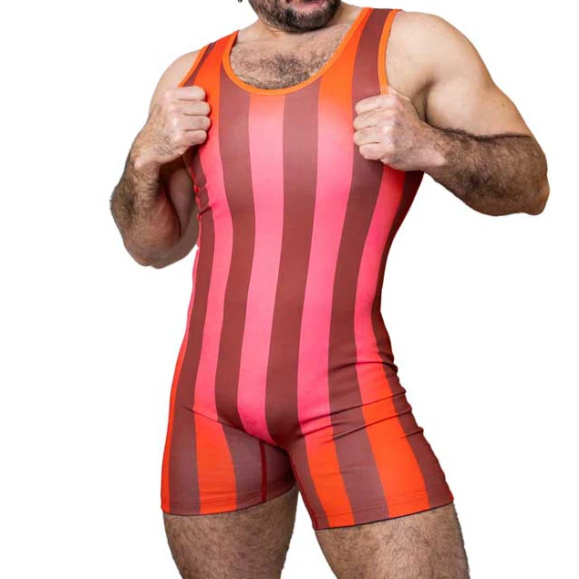 Red Vertical Stripes Wrestling Singlet Bodysuit Leotard Outfit GYM PowerLifting Swimming Running Weightlifting Skinsuit
