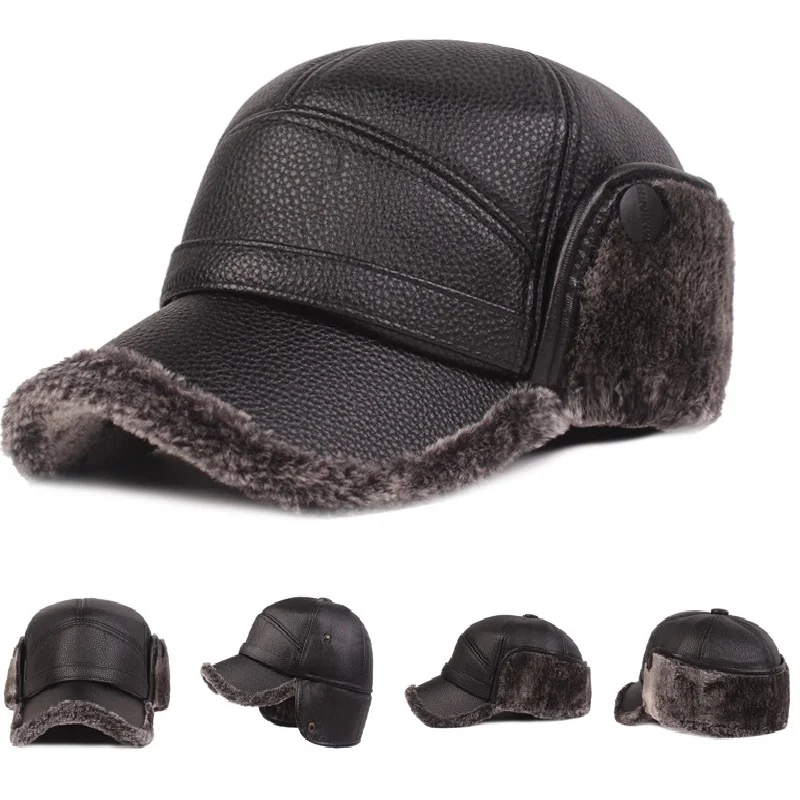 

New Winter Mens Leather Cap Warm Baseball Cap with Ear Flaps Thick Fur Caps for Winter Bomber Hats