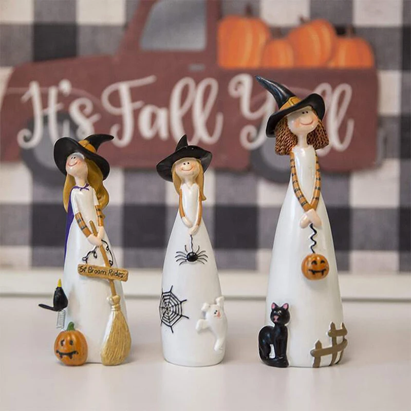 

Creative Witch Sculpture Resin Crafts Halloween Ornament Cute Witch Pumpkin Ghost Figurine Desktop Decor Statue For Home