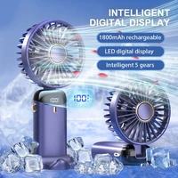 1800mAh Handheld Mini Fan Foldable Portable Neck Hanging Fans 5 Speed USB Rechargeable Fan with Phone Stand and Display Screen 1