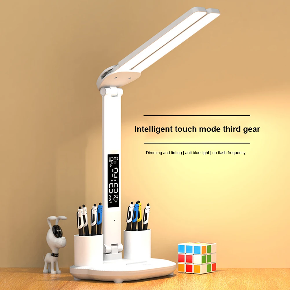LED Desk Lamp with Calendar Temperature Clock Night Light USB Rechargeable Wireless Table Lamp Touch Control Camping Light 2