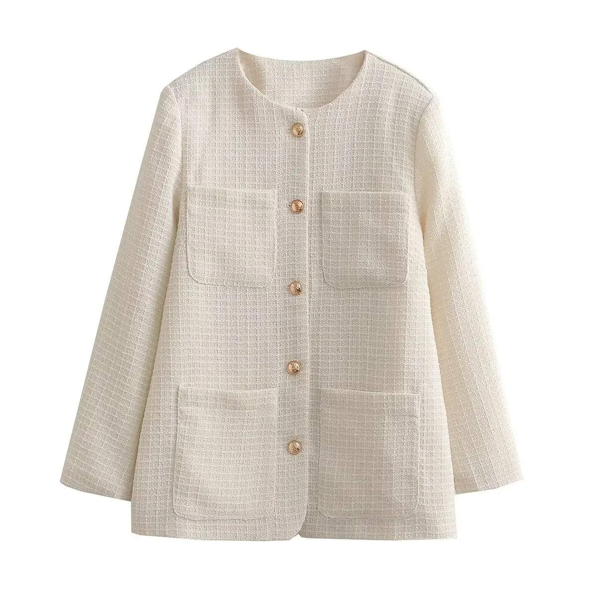 

White Textured Jacket Women Elegant Golden Buttons Pockets Chic Lady Long Sleeves Jacket High Street Coat Top Female 2023 NEW