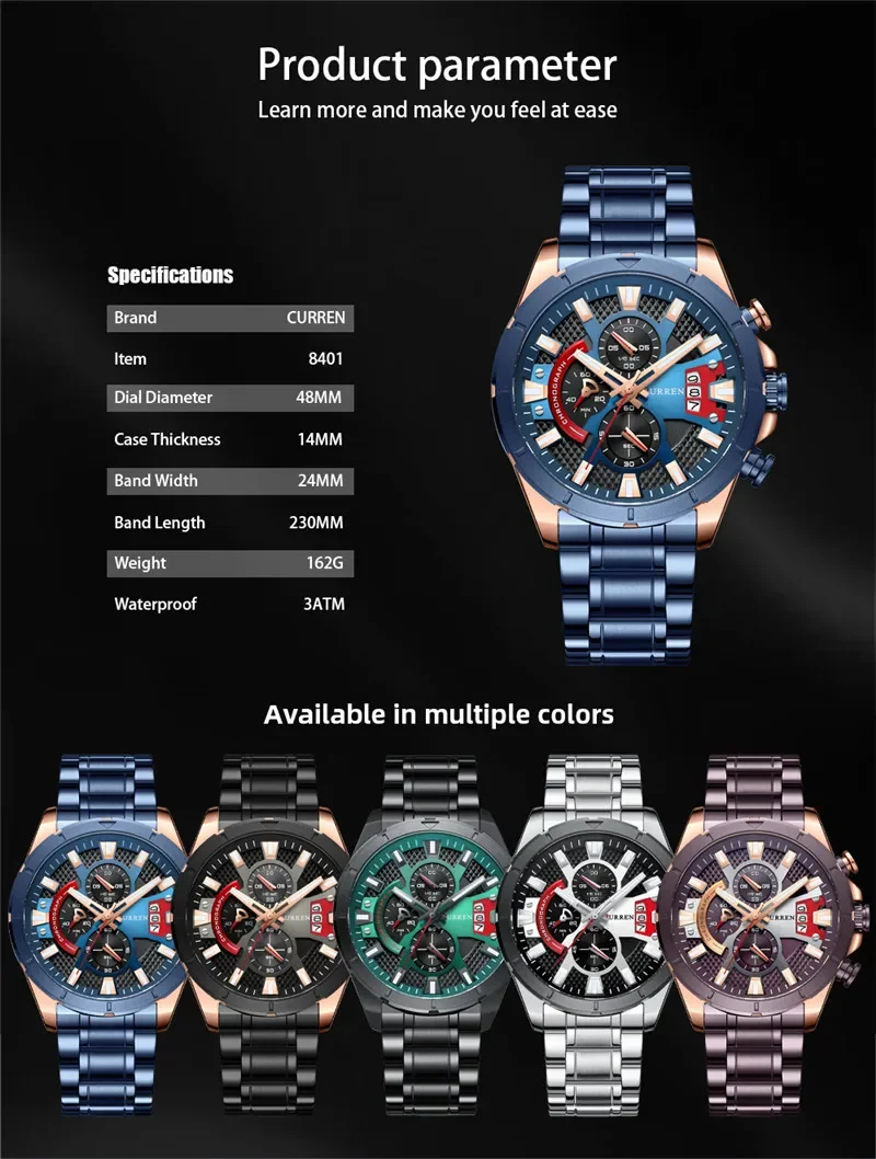 CURREN New Man WristWatch Waterproof Chronograph Men Watch Military Top Brand Luxury Brown Stainless Steel Sport Male Clock 8401 5