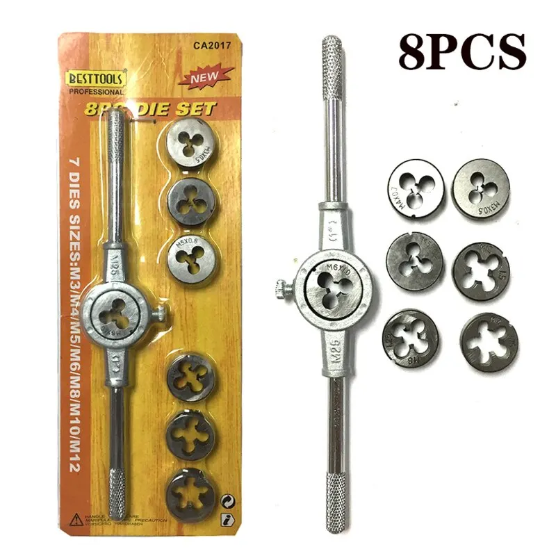 Tap and Die Set 8PCS/12PCS Multi-Spec Round Metric Wrench Cutting M3 M12 Die Holder Booster Rod Stranded Kit Engineer