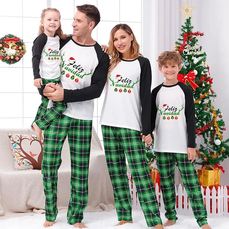 

2022 Christmas Matching Family Pajamas Exclusive Design Reindeer Antlers Feliz Navidad Green Plaids Pajamas Set