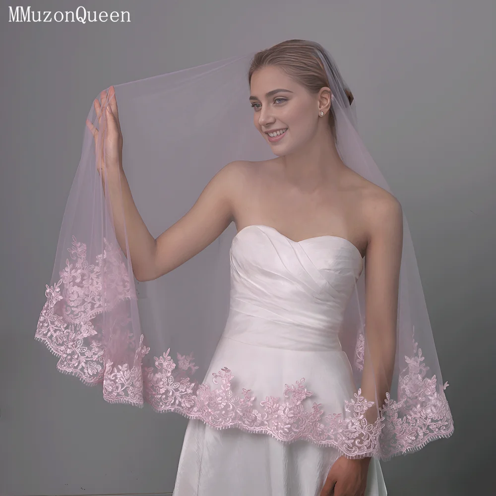 

MMQ M115 Pink Wedding Veil For Brides 1 Tier Solf Tulle Lace Edge Veil Without Comb Accessoires Mariage velos de novia lujo 2024