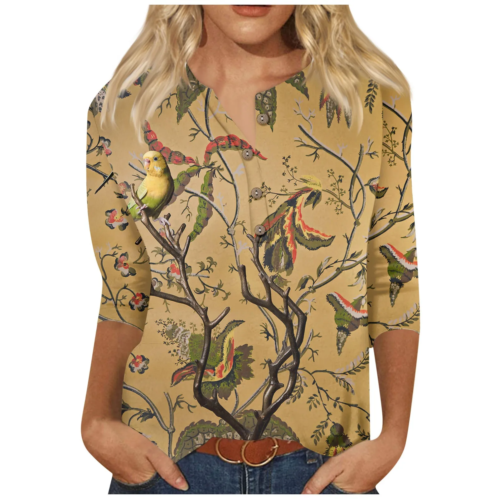 

Women'S Clothing Elegant Casual Floral Print Women Blouse 2024 V-Neck Button Summer 3/4 Sleeves Women Shirts Y2k قمصان وبلوزات