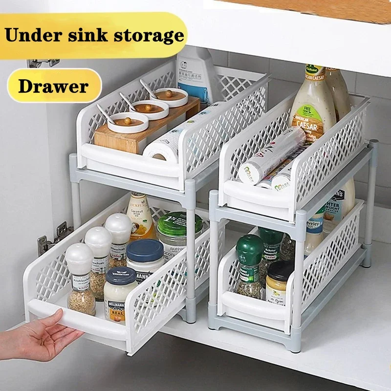 

Kitchen 2 Layers Sliding Sink Storage Rack multifunctional Hollow Out Design Plastics Storage Organizer Seasoning floating shelf