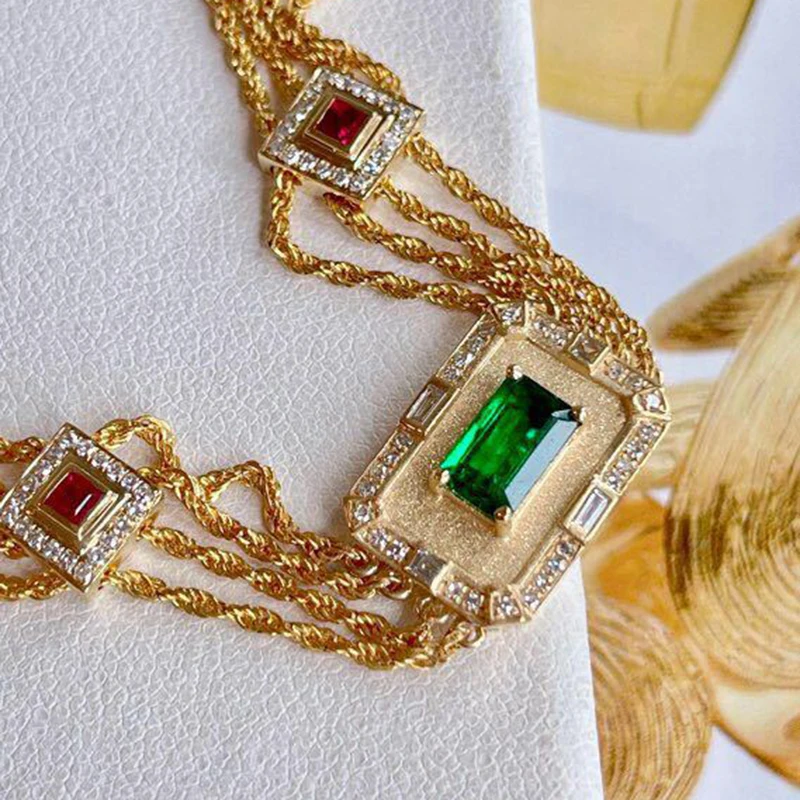 Foydjew French Style Vintage Jewelry Luxury Artificial Ruby Emerald Bracelets Three-layer Chain Gold Color Bracelet For Women