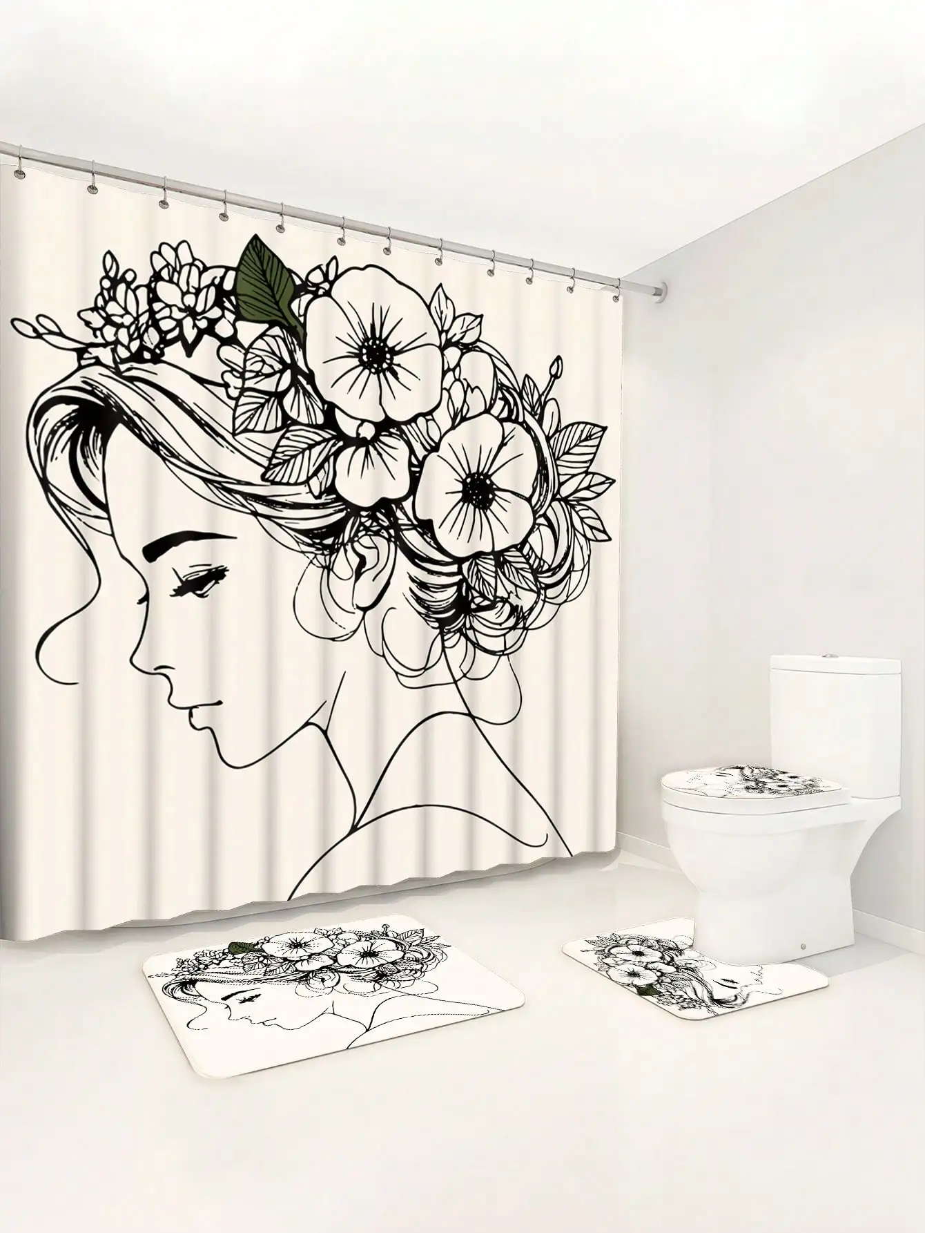 4pcs Minimalist Black Line Charm Ladies Bathroom Set Including Waterproof Shower Curtain Applicable For Full Bathroom Scenes 6