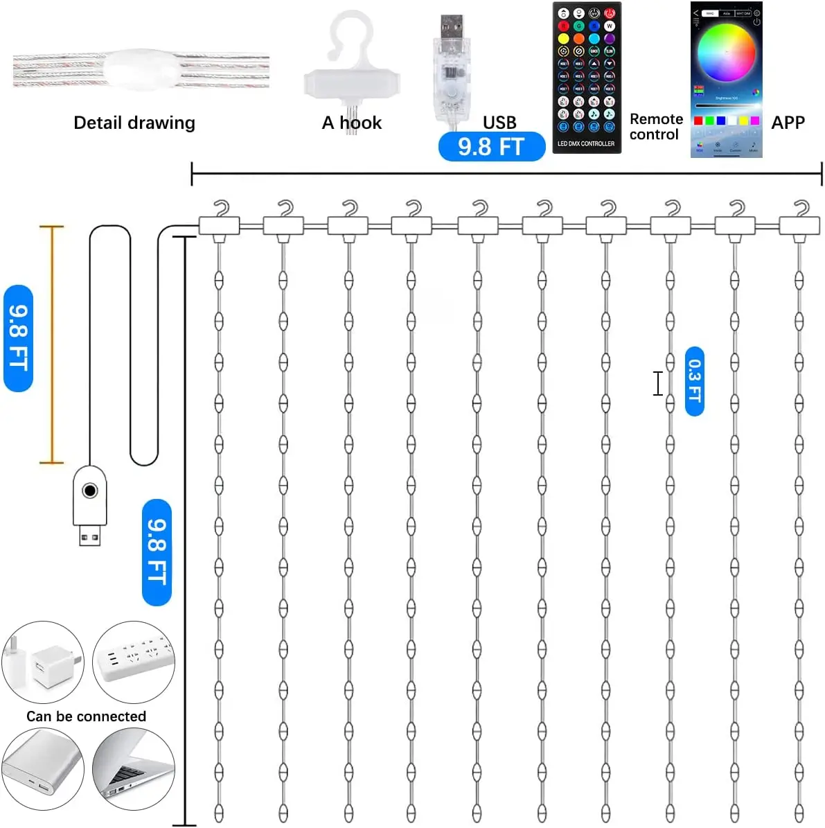 thumbnail image 1 of Cortinas de luces LED RGB inteligentes de 3 x 3 m con aplicación Bluetooth y control remoto por USB, guirnalda de luces para decoración navideña, dormitorio, boda y exterior, 1 of 5