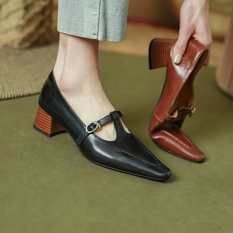 

Women's Shoes Retro Cozy Med Heels Spring Autumn Buckle Pumps French Style Simple Shoes On Heel 4 CM Korea Style Sheepskin Pumps