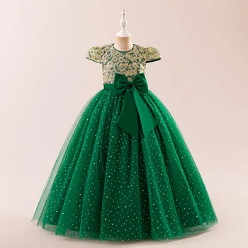 Fashion Bow Bridesmaid Girls Dress Sequin Flower Wedding Princess Prom Gown Elegant Tulle Birthday Party Dresses Evening Vestido 1