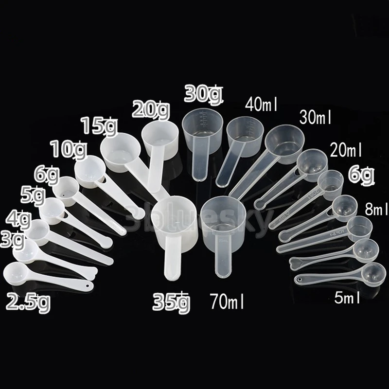 100pcs Disposable Plastic Measuring Spoons for Powder 1g 2g 2.5g 3g 4g 5g 6g 7.5g 10g 12g 15g 20g 25g 30g 35g  / 2ml-70ml