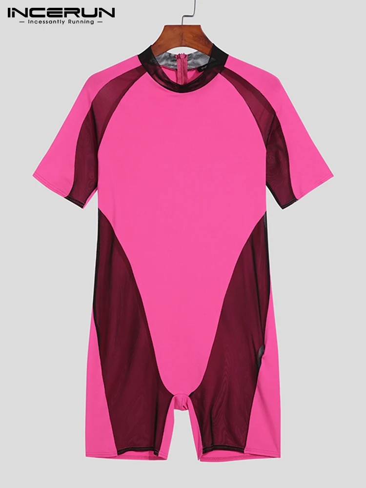 INCERUN Comfortable Homewear New Men's Stitching All-match Onesies Patchwork See-throuth Mesh Short Sleeve Bodysuits S-5XL