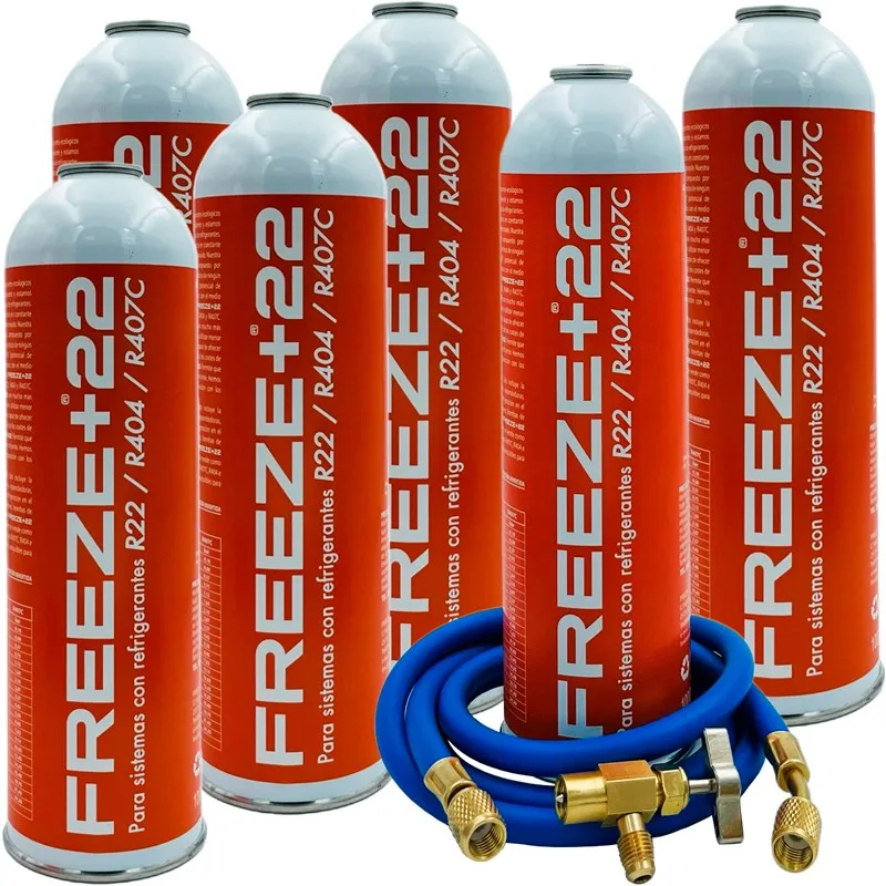 6 Bottiglie Congelano Gas Refrigerante Ecologico + 22 R22-R404-R407C + 5/16 Tubo Di Ricarica X1/4 + Valvola